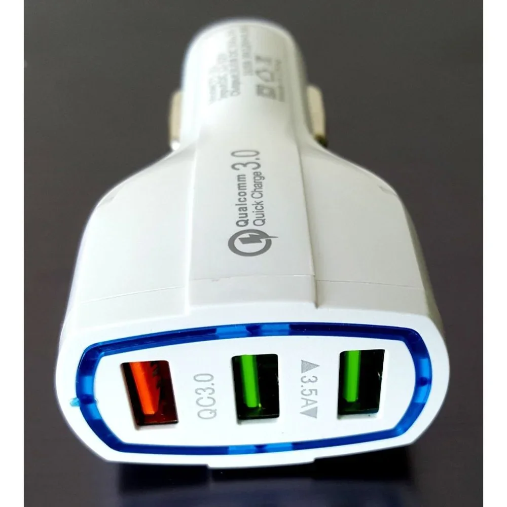 Triple Port Car Phone Charger Adapter Lighted Ports QC Charger